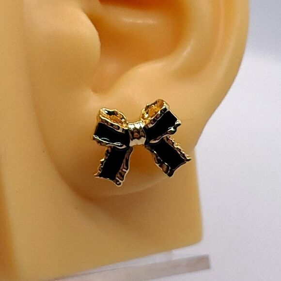 Black & Gold Bow Ribbon Earrings On Trend Bowtie Detail Shaped Bowknot Studs - Picture 2 of 10